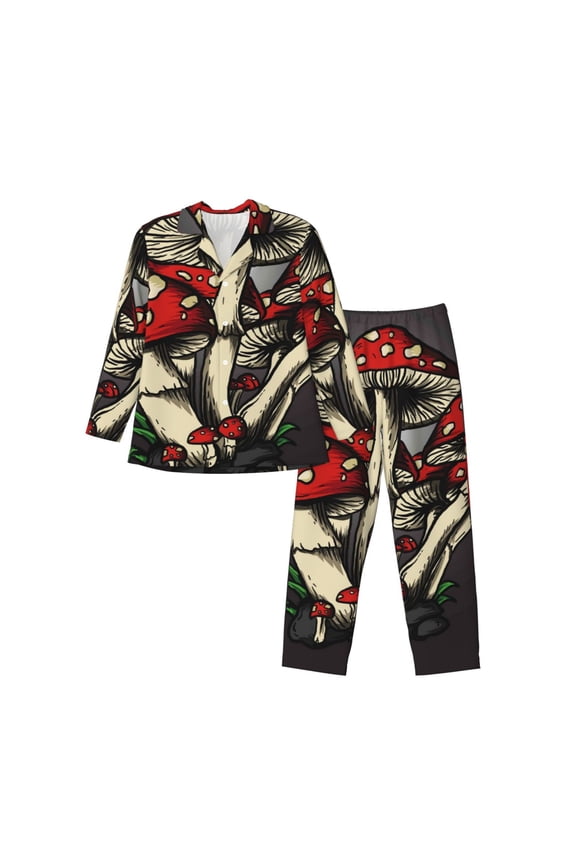 Red Mushrooms Print Pajamas Set Mens Pajamas Long Sleeve Loungewear Two-Piece Sleepwear Button-Down Pjs Set,2PJS-XX-Large