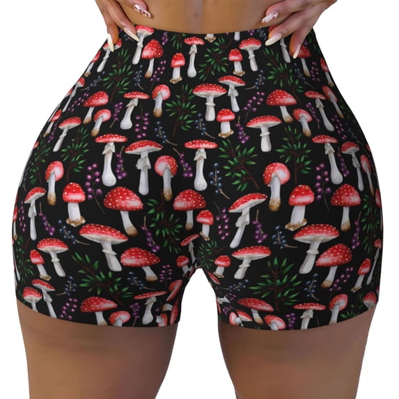 Xecao Red Mushrooms Print Workout Shorts for Women Soft Smooth Gym Yoga Scrunch Active Tennis Workout Running Shorts