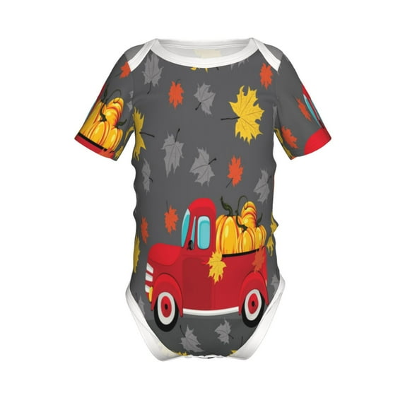 Xecao Red Pickup Truck With Pumpkins Pattern Baby Climbing Bodysuit Short Sleeve Onesie Unisex 0-12 Months Baby Shirt Newborn Outfits Crotch snap design-12 Months