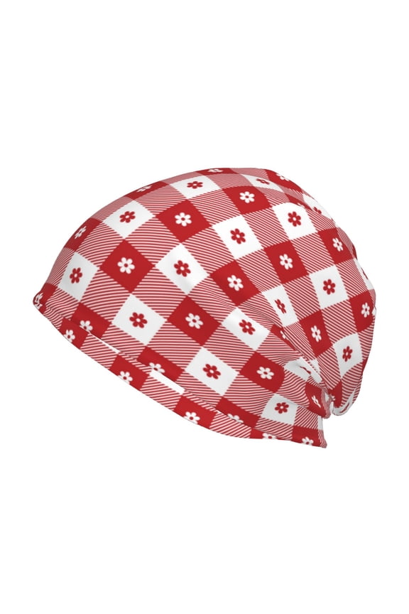 Red Plaid Daisy Print Knit Hat,Winter Beanie for Men Women, Beanie Soft Warm Ski Stocking Cuffed Cap