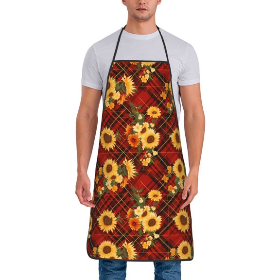 Xecao Red Plaid Sunflower Print Funny BBQ Chef Aprons for Men Women,Adjustable Kitchen Cooking Aprons with Pocket Waterproof Oil Proof No Pilling Fading