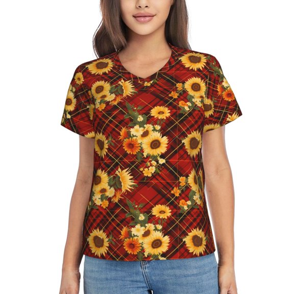 Xecao Red Plaid Sunflower for Women's V-Neck T-Shirts-Elegant Half-Sleeve Tops Perfect for Summer-Large