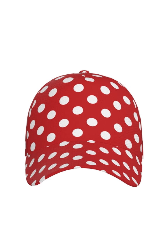 Red Polka Dot for Baseball Cap: Unisex, crafted from classic polyester twill fabric, featuring a soft unconstructed design