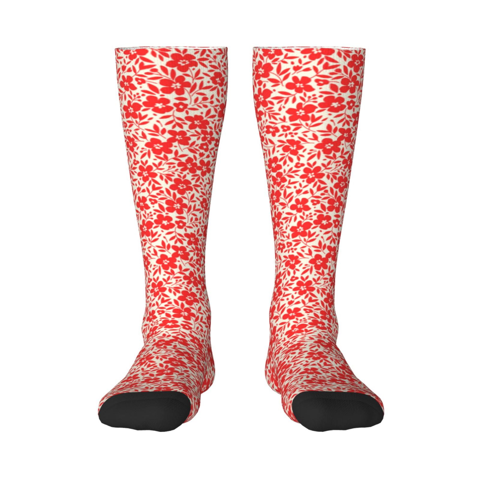 Xecao Red Pretty Flowers print thigh-high socks, crafted for both