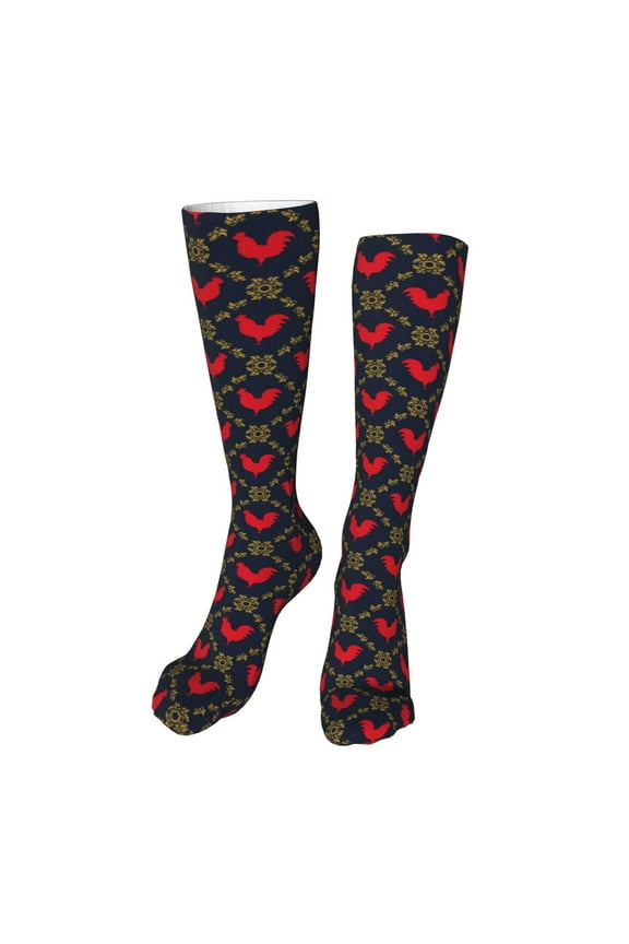 Red Rooster Print Calf Socks Seamless Toe, Knee High Long Socks, Sports Socks Trouser Socks for Women and Men-One Size