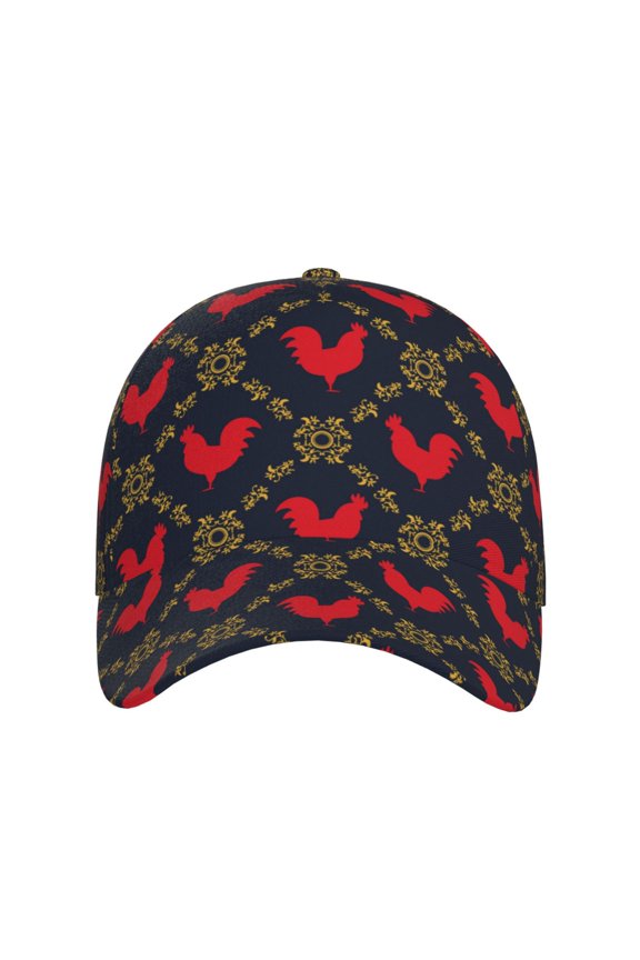Red Rooster for Baseball Cap: Unisex, crafted from classic polyester twill fabric, featuring a soft unconstructed design
