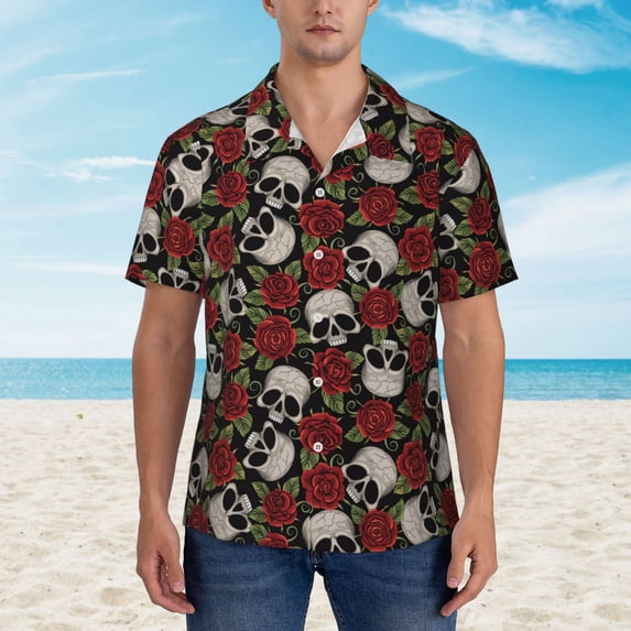 Xecao Red Rose Skull print Hawaiian shirt - a stylish short-sleeve button-down for men, perfect for casual beach and tropical outings.