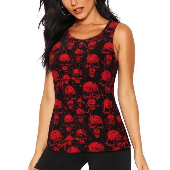 Xecao Red Skulls print women's scoop neck, loose-fit workout tank tops for the gym.