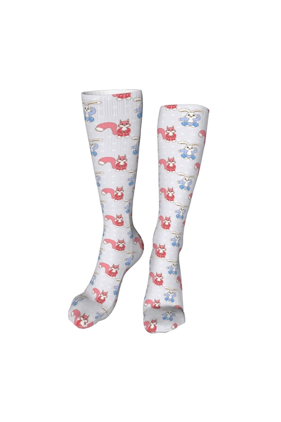 Red Squirrel And Blue Rabbit Print Calf Socks Seamless Toe, Knee High Long Socks, Sports Socks Trouser Socks for Women and Men-One Size