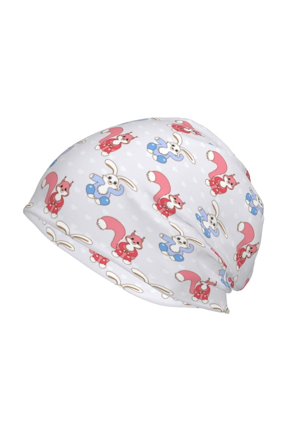 Red Squirrel And Blue Rabbit Print Knit Hat,Winter Beanie for Men Women, Beanie Soft Warm Ski Stocking Cuffed Cap