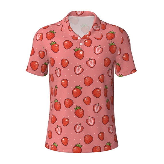 Xecao Red Strawberry for Mens' Casual Short Sleeve Button-Down Polo Shirts for a Classic Golf Look