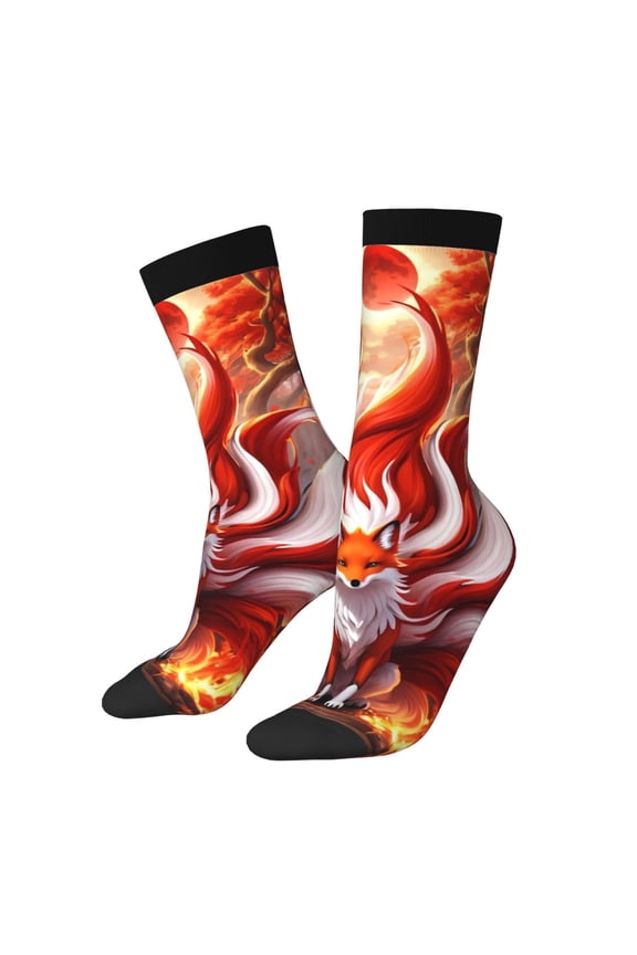 Red Sun Flame Fox Pattern Sport Socks for Women and Men Crew Socks Sporty Calf Socks Casual Socks