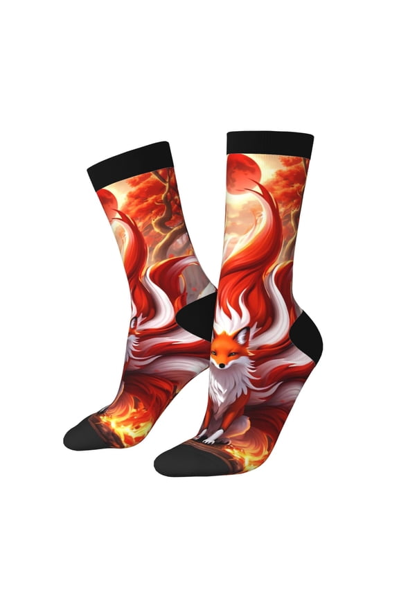 Red Sun Flame Fox Pattern Sport Socks for Women and Men Crew Socks Sporty Calf Socks Casual Socks