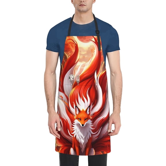 Xecao Red Sun Flame Fox Print Kitchen Cooking Aprons, Waterproof Adjustable Bib Aprons with 2 Pockets for Women Men Chef