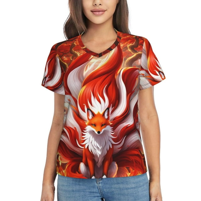 Xecao Red Sun Flame Fox for Women's V-Neck T-Shirts-Elegant Half-Sleeve Tops Perfect for Summer-Large