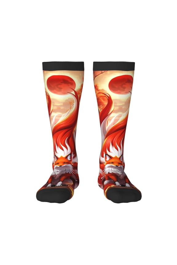 Red Sun Flame Fox print thigh-high socks, crafted for both men and women with a stretchy, high-opaque design perfect for daily wear