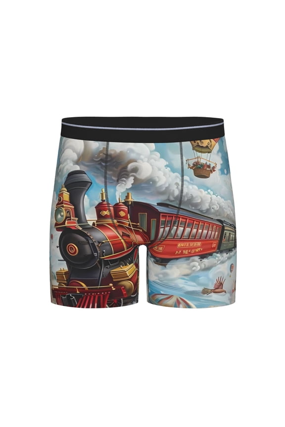 Red Train Hot Air Balloon Print Boxer Briefs for Men's Stretch Moisture-Wicking Underwear, Mid-Rise Classics breathable fabric