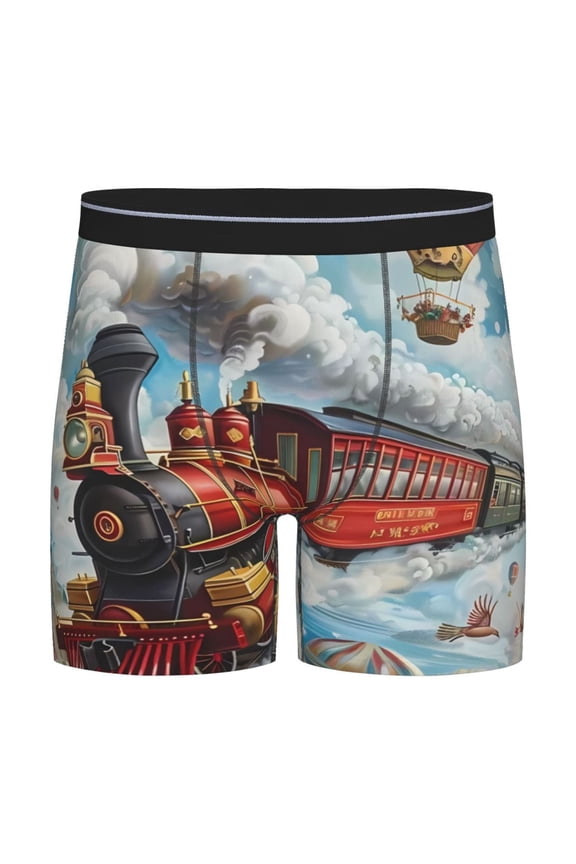 Red Train Hot Air Balloon Print Boxer Briefs for Men's Stretch Moisture-Wicking Underwear, Mid-Rise Classics breathable fabric