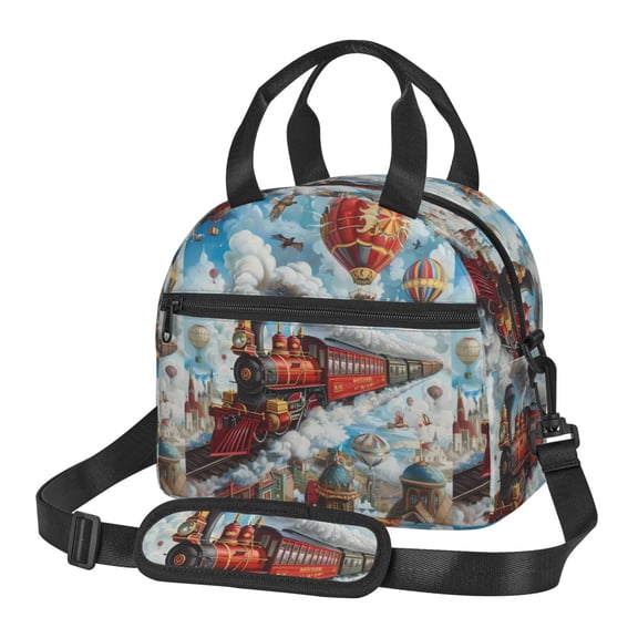 Xecao Red Train Hot Air Balloon Print Insulated Lunch Box, Lunch Cags Lunch Bag Featuring An Adjustable Shoulder Strap