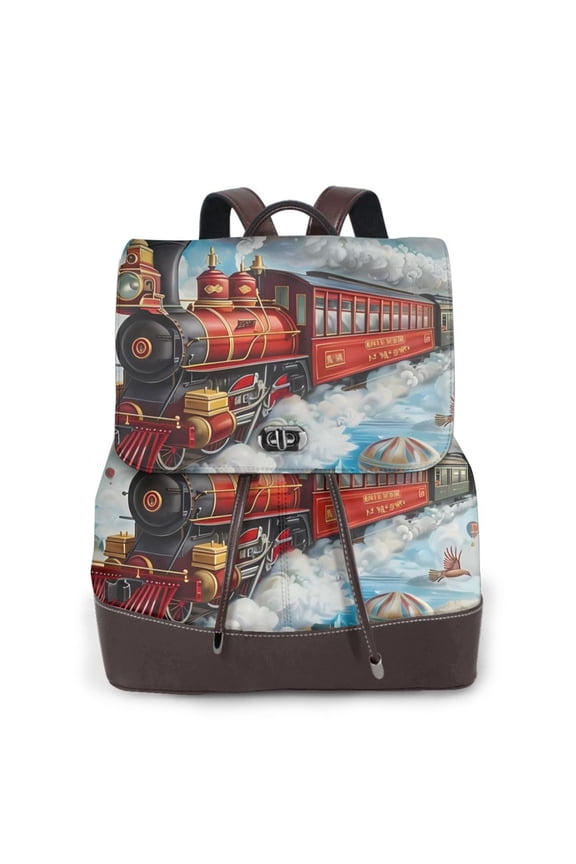 Red Train Hot Air Balloon Print Large Backpack Soft Leather for Women Travel with Compartment, Adjustable Convertible Strap