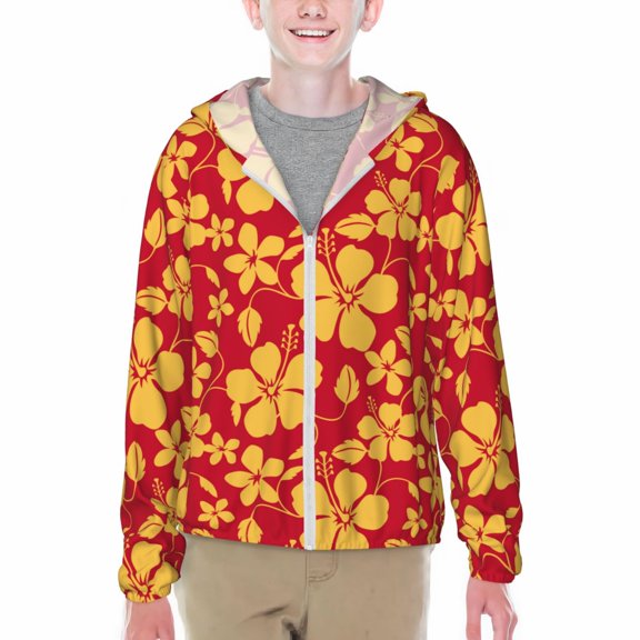 Xecao Red Vintage Flowers Print Fishing Shirts for teenager Long Sleeve UV Sun Protection Hoodie with Zipper Outdoor Hiking Shirts-Medium
