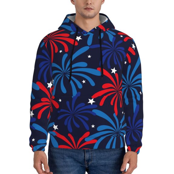 Xecao Red White Blue Fireworks Pattern Men's Adult Pullover Hoodie,Hooded Sweatshirt-X-Large
