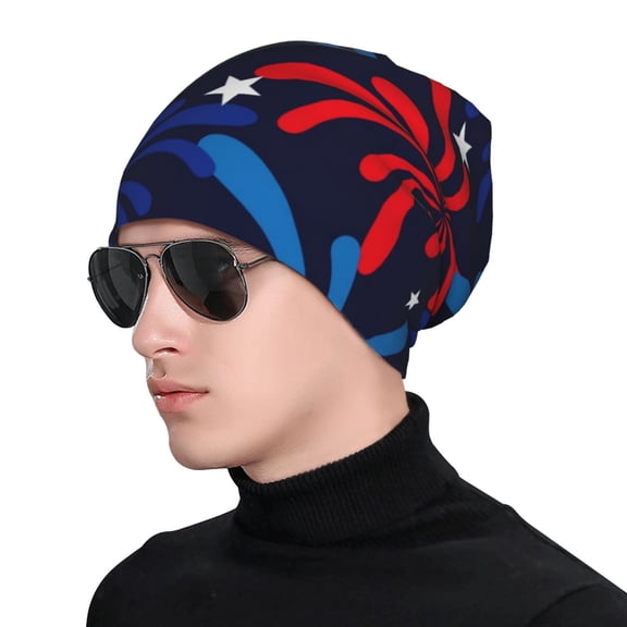 Xecao Red White Blue Fireworks Print Beanie Knitted Hat for Men Women, Winter Fashion Knit Cuffed Caps Unisex