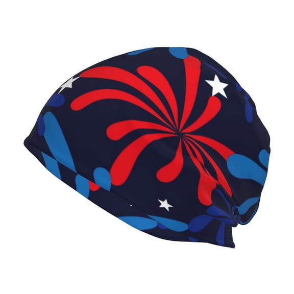 Xecao Red White Blue Fireworks Print Knit Hat,Winter Beanie for Men Women, Beanie Soft Warm Ski Stocking Cuffed Cap