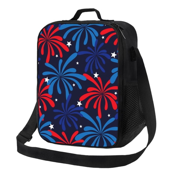 Xecao Red White Blue Fireworks Print Lunch Bag - Durable, Double-Insulated Lunch Bag, Holds Lunch Box, Water Bottle, & Snacks,Leakproof Cooler Tote Bag