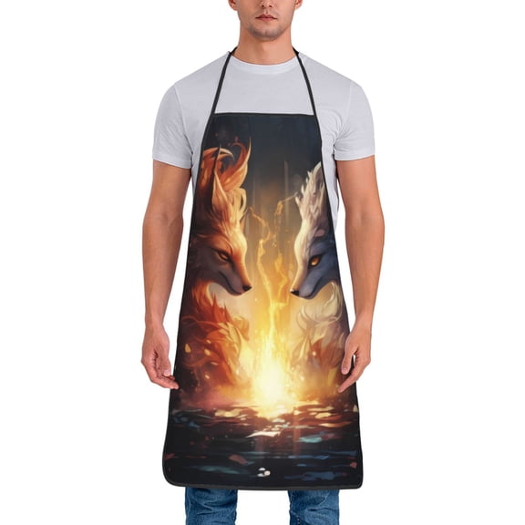 Xecao Red And White Flame Fox Print Funny BBQ Chef Aprons for Men Women,Adjustable Kitchen Cooking Aprons with Pocket Waterproof Oil Proof No Pilling Fading