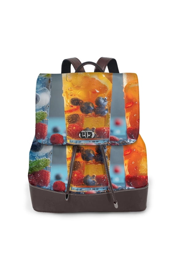 Refreshing Fruit Infused Drinks Print Large Backpack Soft Leather for Women Travel with Compartment, Adjustable Convertible Strap