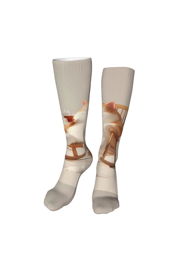Relaxing Cat With Tea Print Calf Socks Seamless Toe, Knee High Long Socks, Sports Socks Trouser Socks for Women and Men-One Size