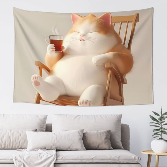 Xecao Relaxing Cat With Tea Print Tapestry, Wall Hanging Room Funny Decor, Backdrop Room Decor for Bedroom Living Room dormitory