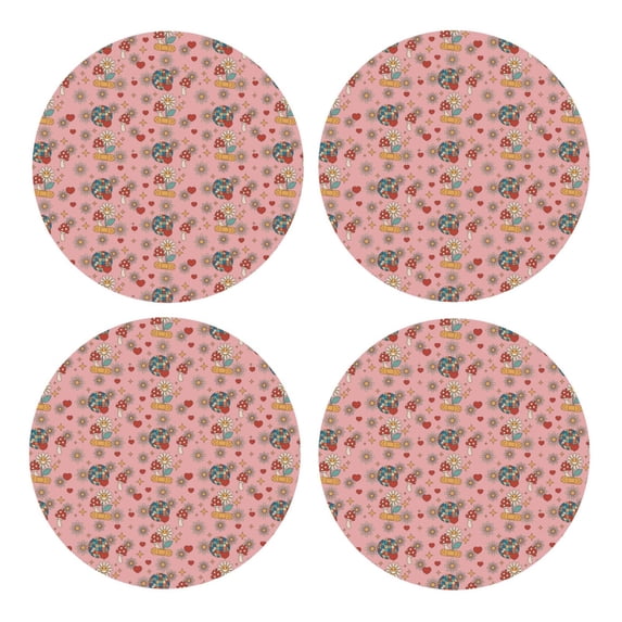 Xecao Retro 70s 60s Hippie Flower for MDF Cork Coaster 4 Pcs,Drink Coasters,Suit for House Warming Gifts New Home ,Coffee Table Decor-Round Shape
