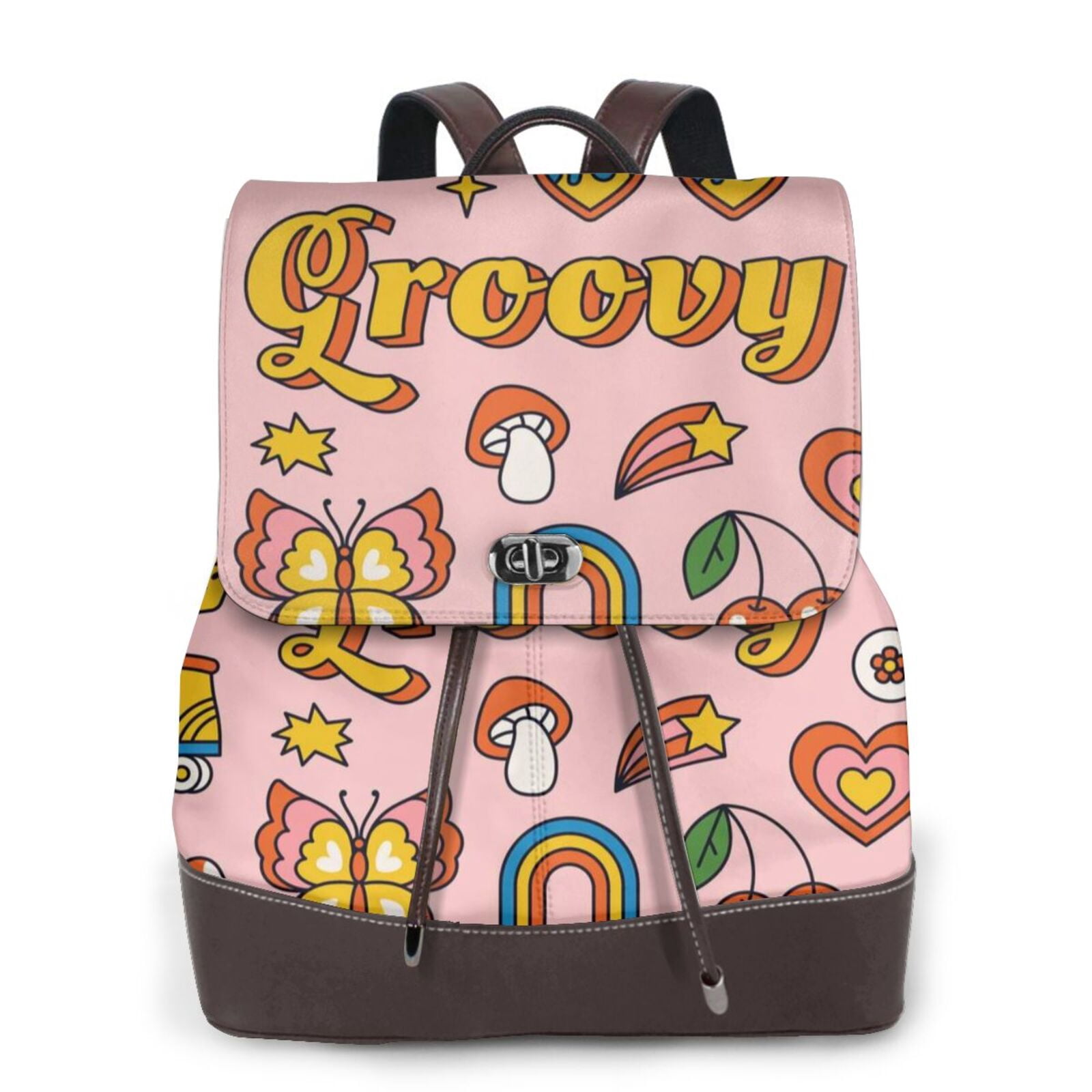 Xecao Retro 70s Hippie Print Large Backpack Soft Leather for Women ...