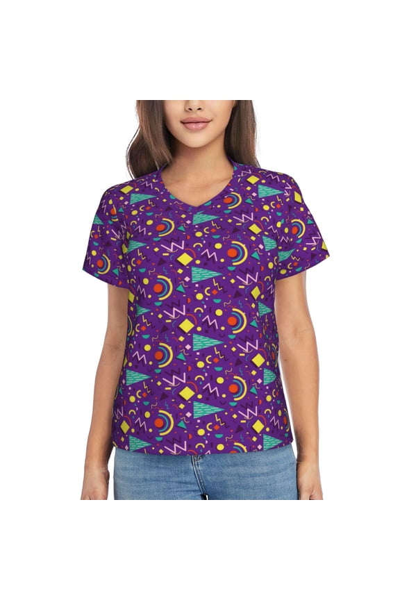 Retro 80s Style for Women's V-Neck T-Shirts-Elegant Half-Sleeve Tops Perfect for Summer-Large