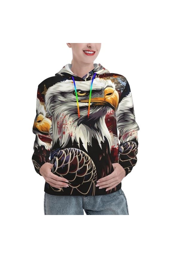 Retro American Eagle A Pattern Hoodies for Women Sweatshirts Long Sleeve Sweatshirts Pullover Outfits with Pocket-Large