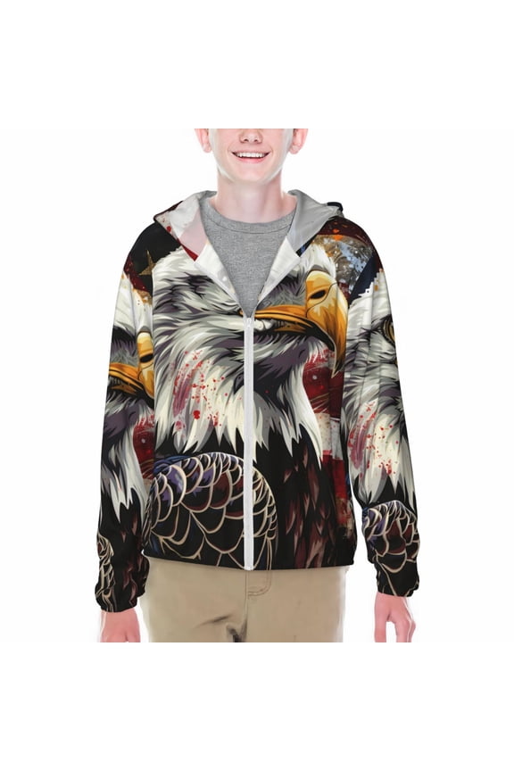 Retro American Eagle A Print Fishing Shirts for teenager Long Sleeve UV Sun Protection Hoodie with Zipper Outdoor Hiking Shirts-XX-Large