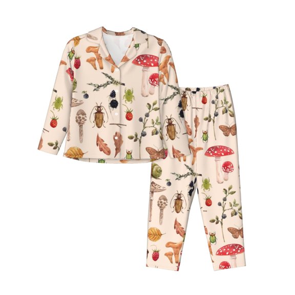 Xecao Retro Autum Mushrooms Print Women Pajamas Set Soft Sleepwear Pjs long Sleeve Button Down Nightwear with Long Pants