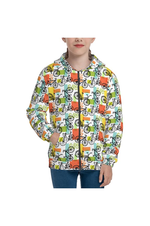 Retro Bike Pattern Zip Up Hoodies for Boys Girls, Sweatshirt with Pockets-Small