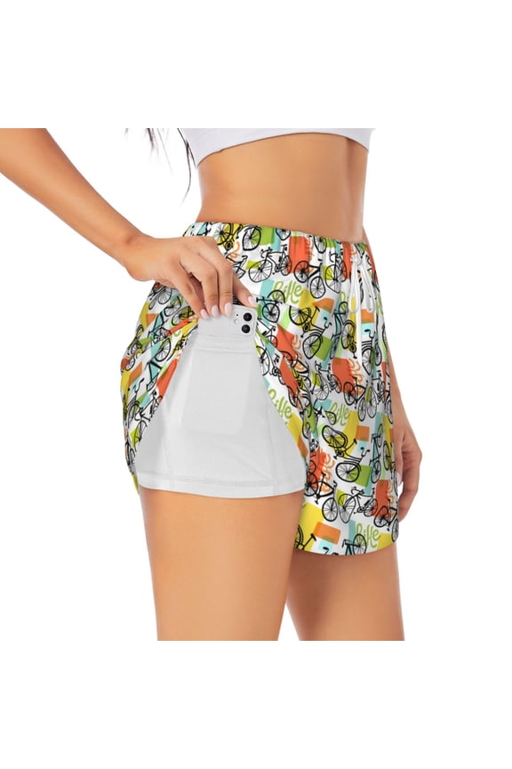 Retro Bike for Double-layer Running Short for Women, Perfect for Gym, Tennis, and More, Featuring a Convenient Pocket-Small