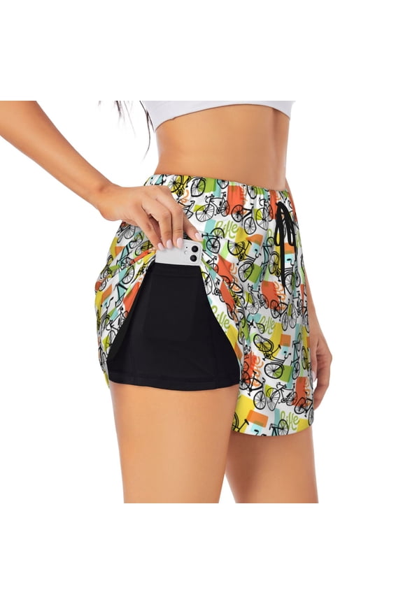 Retro Bike for Double-layer Running Short for Women, Perfect for Gym, Tennis, and More, Featuring a Convenient Pocket-XX-Large