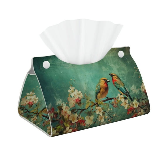 Xecao Retro Birds Print Tissue Box Cover,Modern PVC Leather Square Tissue Box Holder for Creative Decorative