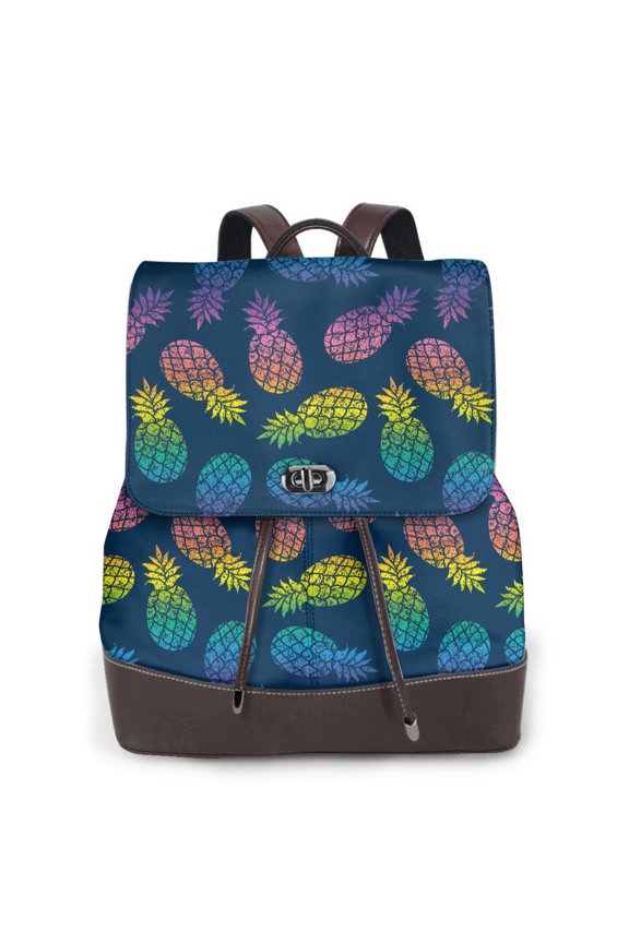Abstract Bright Pineapple Fruit Retro Print Large Backpack Soft Leather for Women Travel with Compartment, Adjustable Convertible Strap