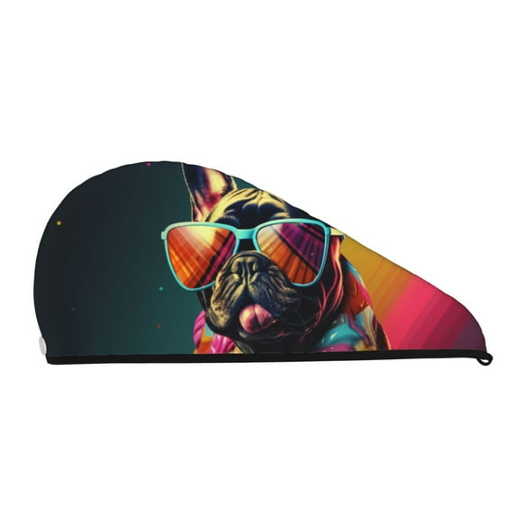Xecao Retro Bulldog Sunglasses Print Hair Towel, Hair Turbans for Wet Hair, Drying Hair Wrap for Curly Hair Women,Coral Velvet Dry Hair Cap,Dry Hair Hat