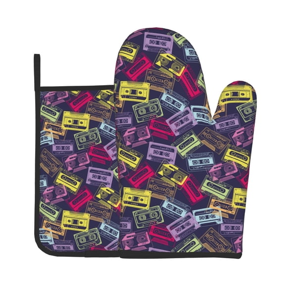 Xecao Retro Cassette Music Pattern Oven Mitts and Pot Holders Sets Heat Resistant Silicone Oven Mittens Extra Thicken Long Kitchen Cotton Oven Glove for Cooking