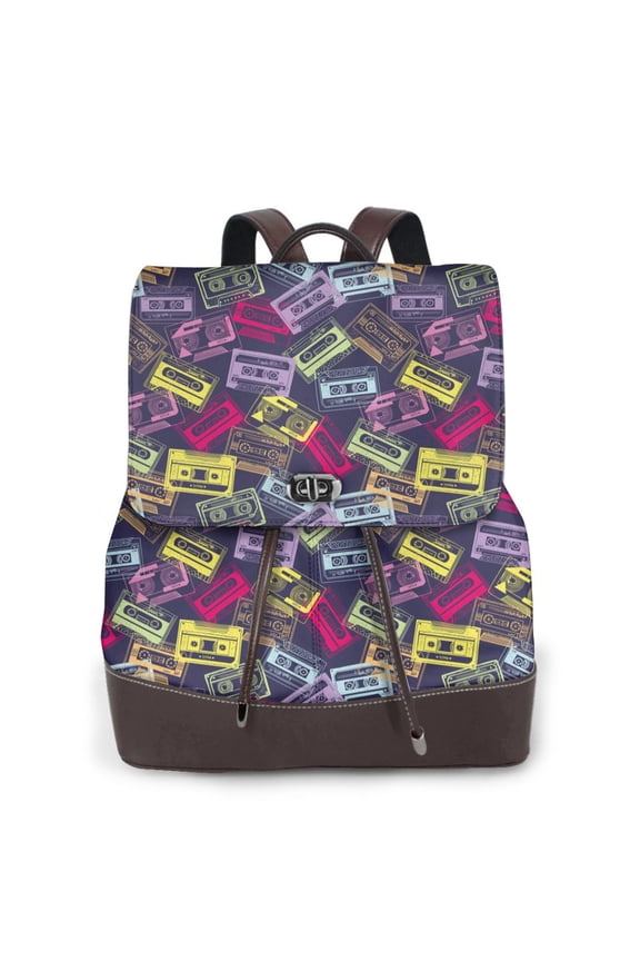 Retro Cassette Music Print Large Backpack Soft Leather for Women Travel with Compartment, Adjustable Convertible Strap