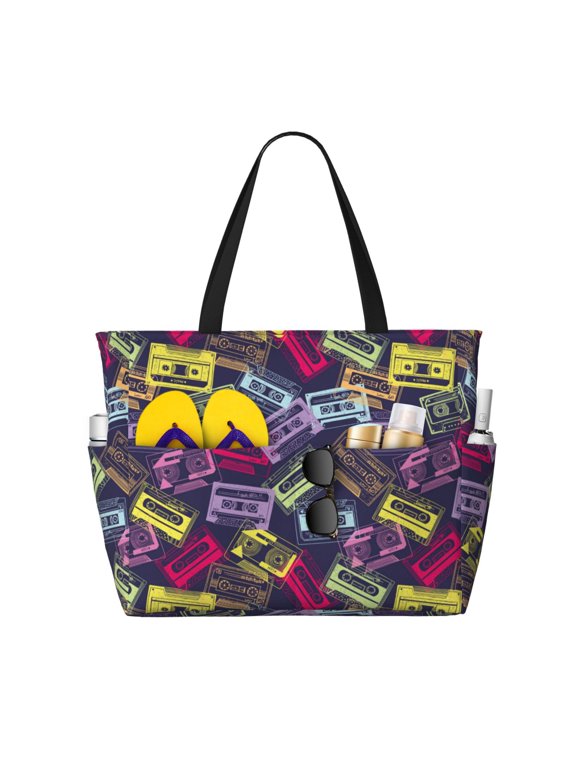 Retro Cassette Music for versatile beach bag for women includes zipper pockets and waterproof material, ideal for vacations and adventures.