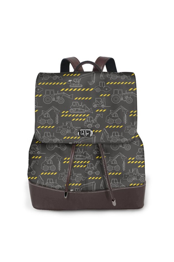 Retro Excavator Print Large Backpack Soft Leather for Women Travel with Compartment, Adjustable Convertible Strap