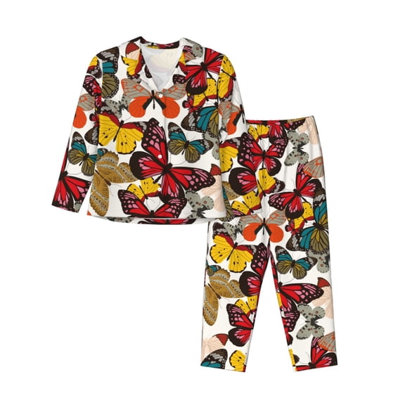 Xecao Retro Floral Butterfly Print Women Pajamas Set Soft Sleepwear Pjs long Sleeve Button Down Nightwear with Long Pants